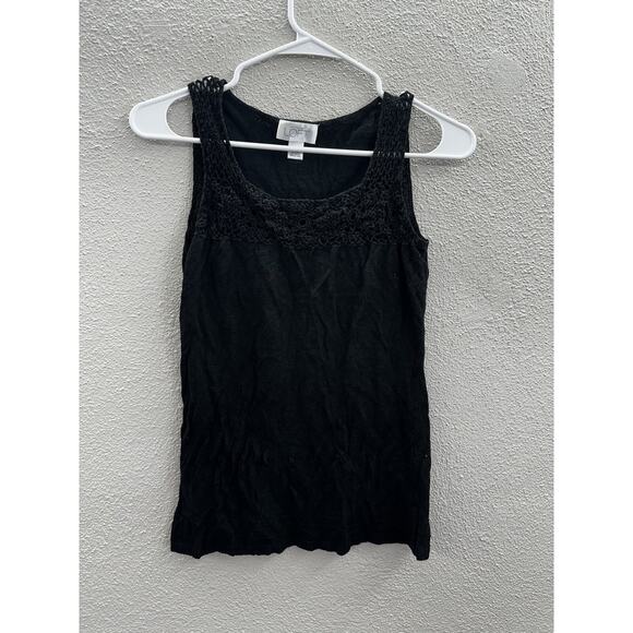 Loft Womens Tank Top Size XXS Black Linen Blend Floral Neckline - Picture 1 of 9